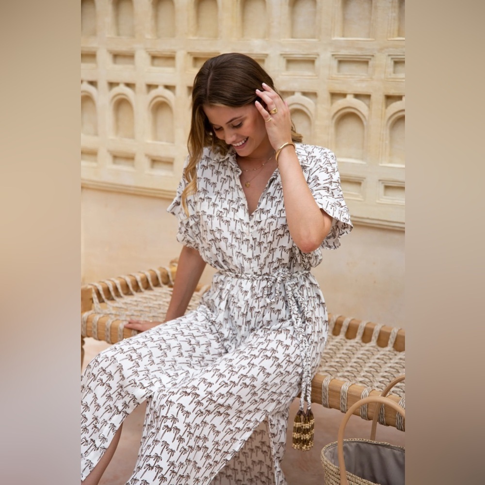 Skemo Palmerita Palm Print Short Sleeve Tie Waist Shirt Midi Dress White/Navy M - Picture 3 of 14